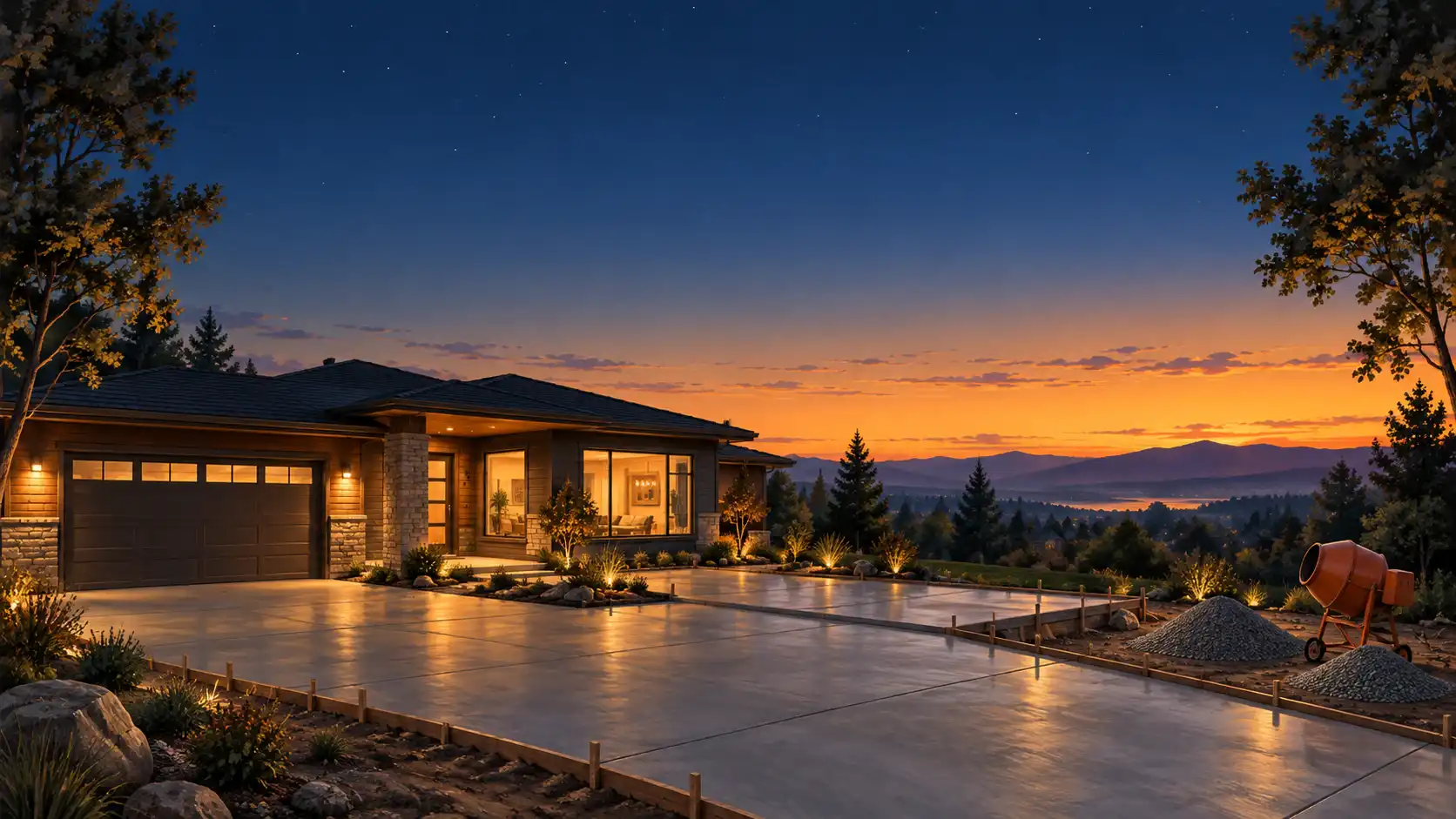 Illustration of a freshly poured concrete driveway in front of a house at dusk