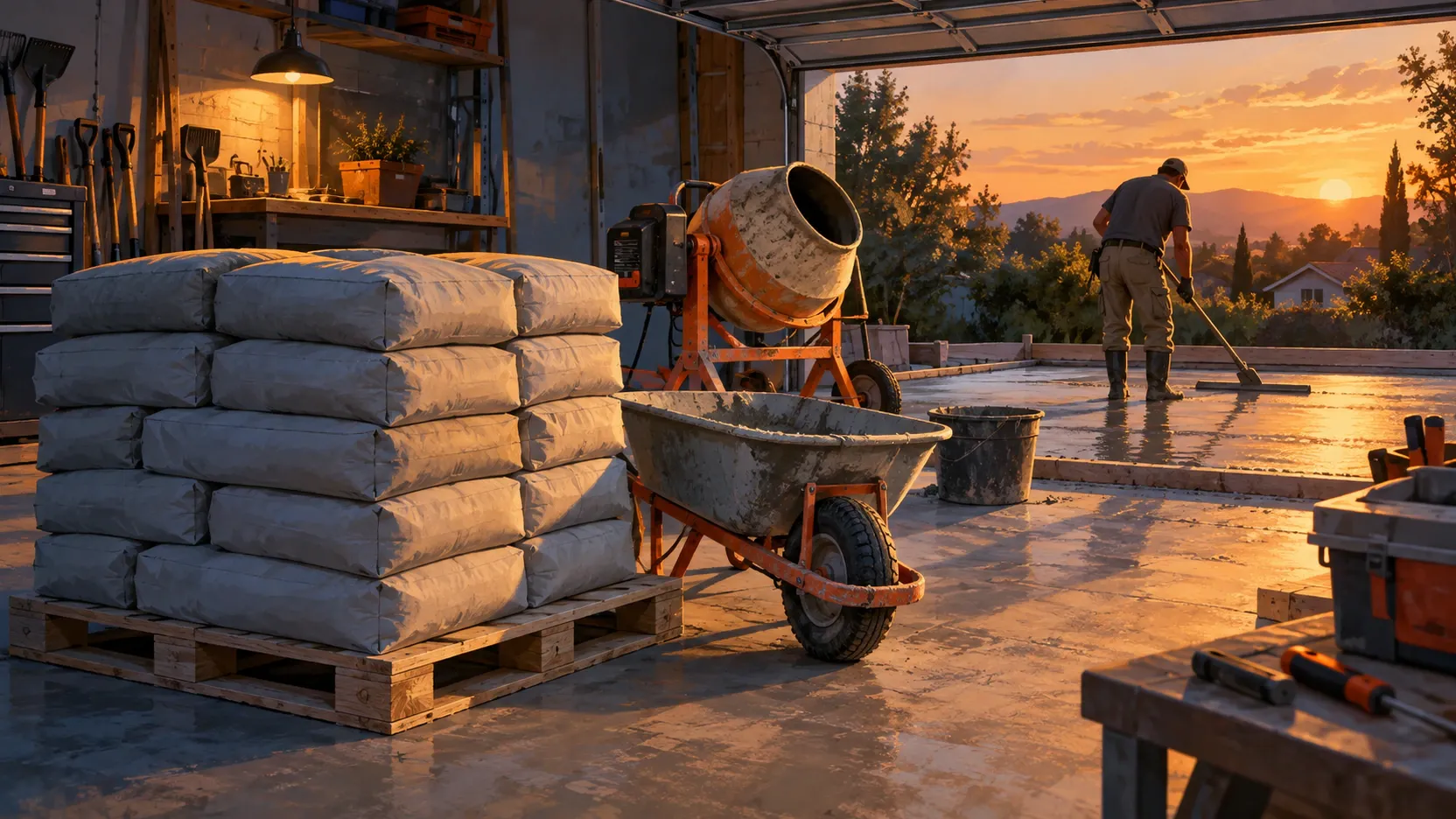 Illustration of 80 lb bags of concrete mix on a pallet next to a post hole and a bucket of water
