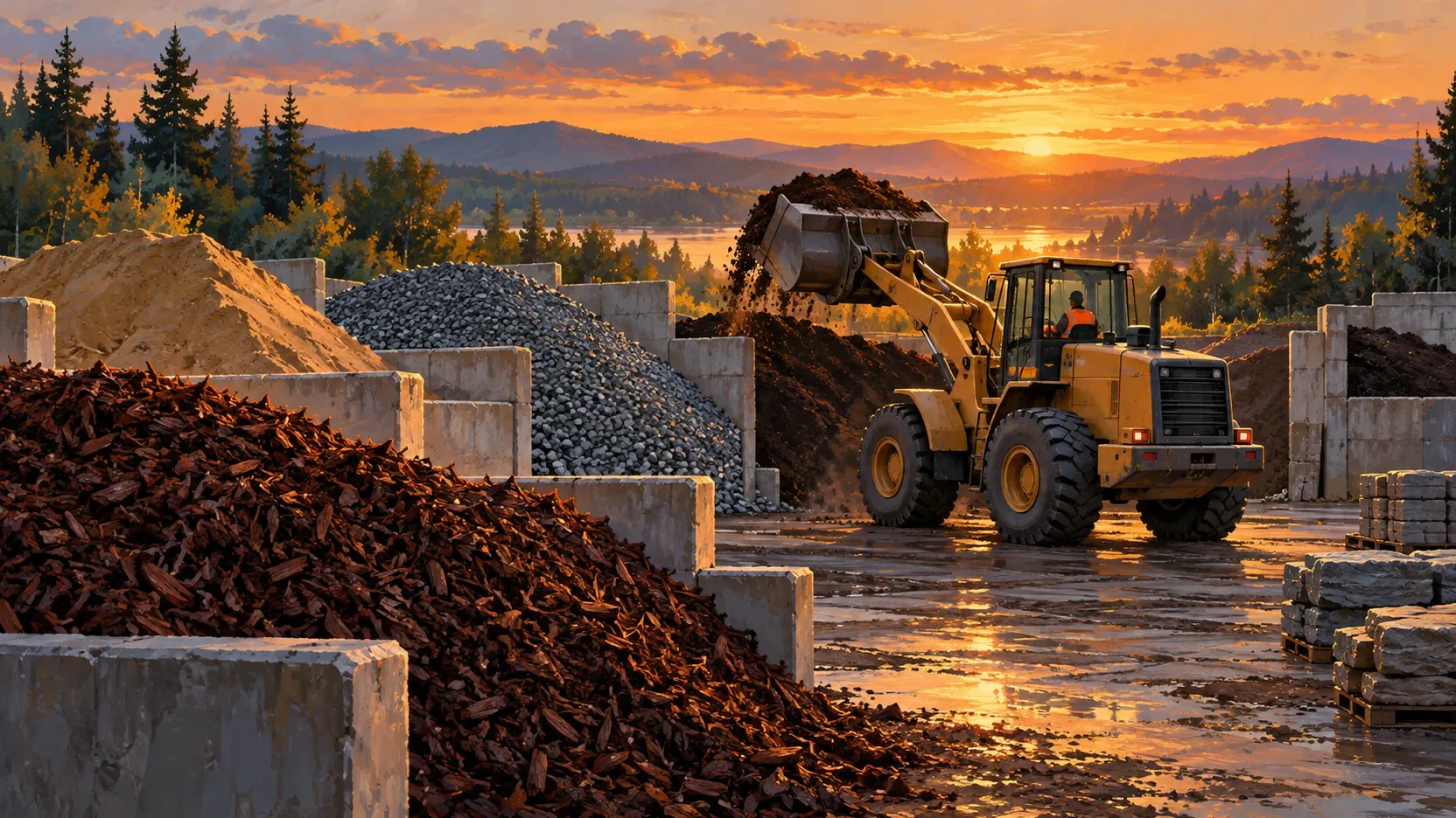 Illustration of a dump truck unloading a pile of gravel next to a cubic yard measuring frame