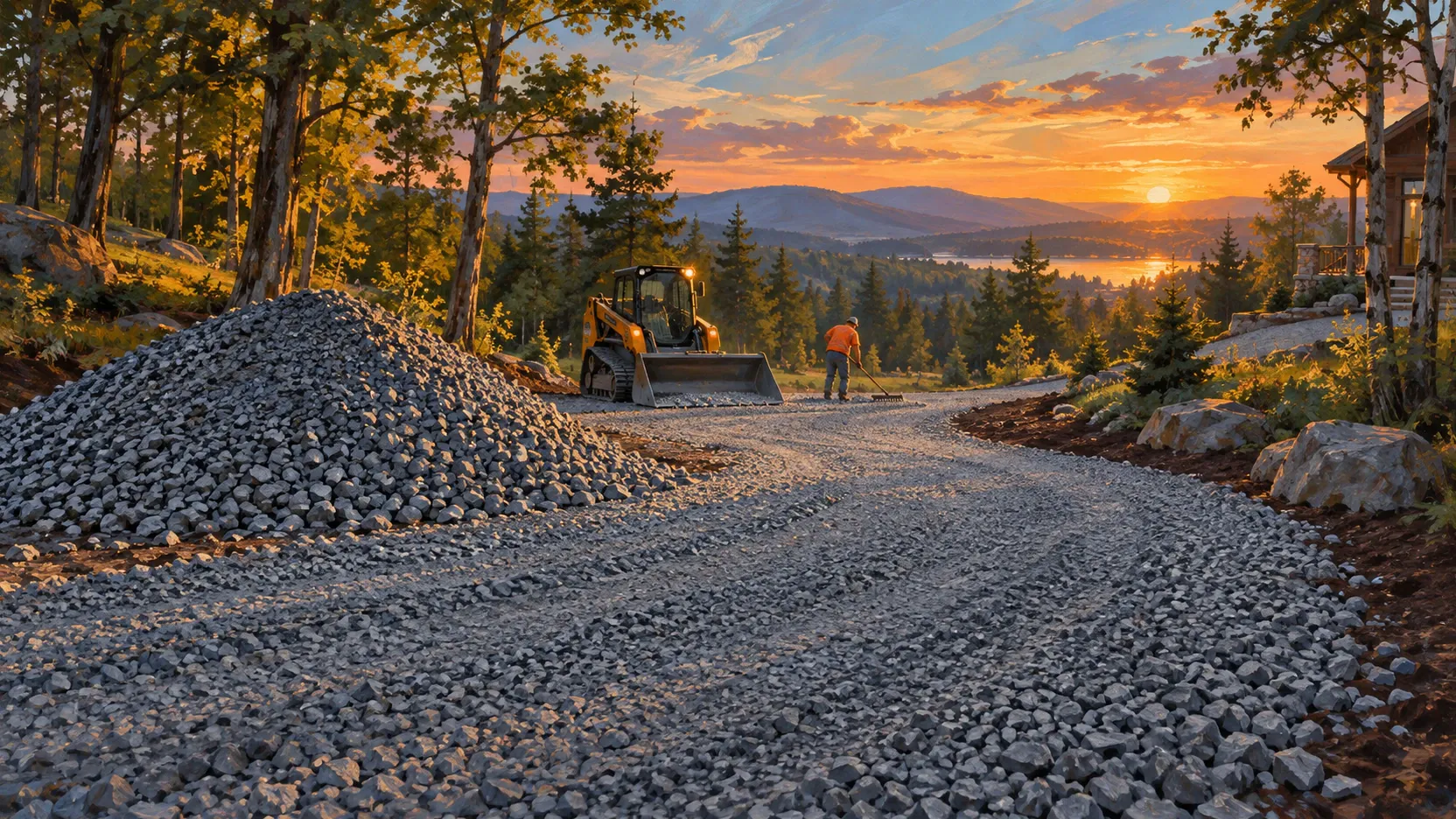 Dump truck tipping a load of gravel beside a driveway marked out with stakes