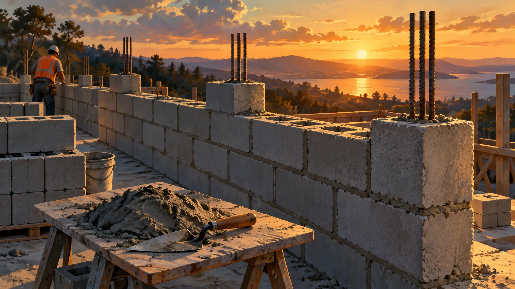 Illustration of stacked grey 8x8x16 concrete blocks on a pallet beside a partly built block wall