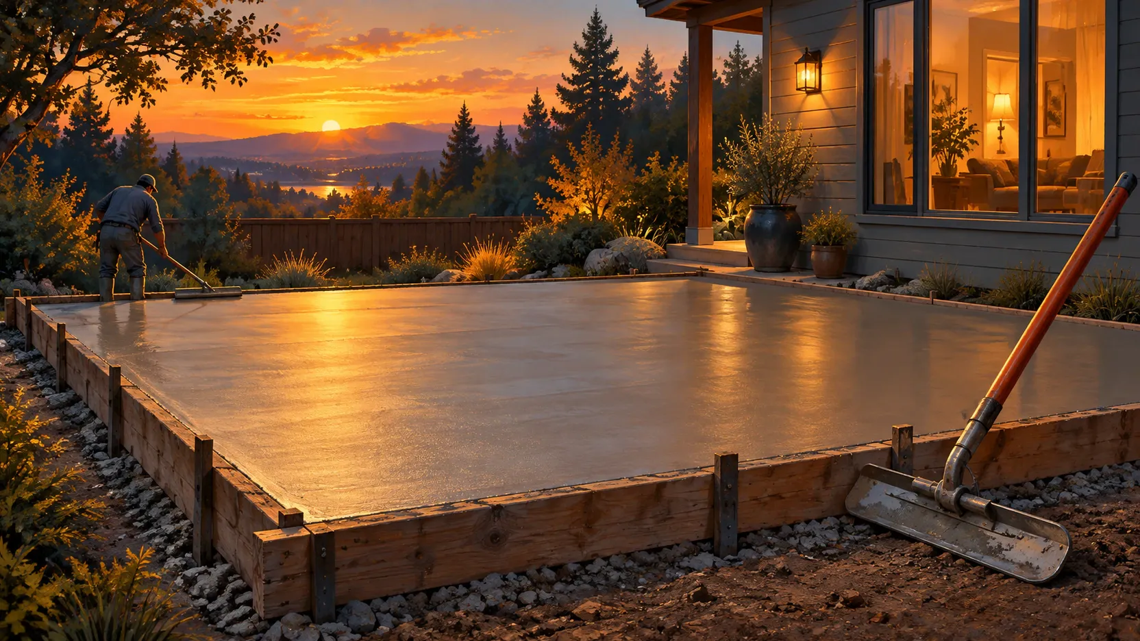 Illustration of a freshly poured concrete slab inside wooden forms, curing under the evening sky